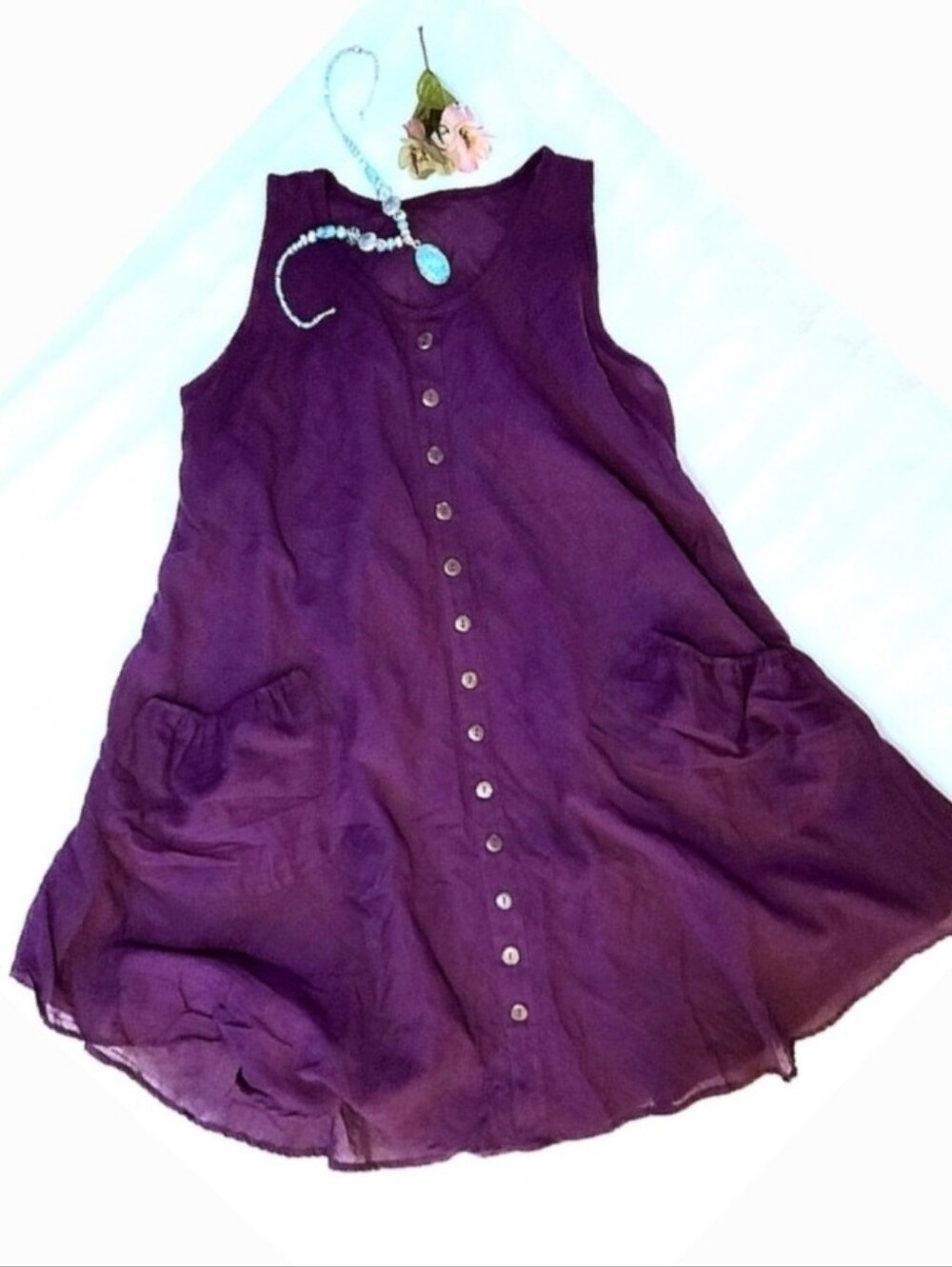 BNWOT Beach Cover Purple Cotton Dress Tunic Sleeveless, Pockets, Buttons